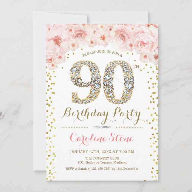 Invitación 90.ª Fiesta de Cumpleaños - Rosa de Oro Blanco (Anverso)
