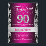 Invitación 90.ª fiesta de cumpleaños - Rosa negro plateado<br><div class="desc">Invitación a la fiesta de cumpleaños número 90 en rosa, negro y plata. Elegante carta de invitación con falsos purpurinas de plata y diamantes. Presenta el patrón de damasco y el tipo de letra del guión. ¡Fabuloso a las noventa! El diseño clásico es perfecto para un fiesta elegante. Por favor,...</div>