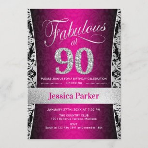 Invitación 90.ª fiesta de cumpleaños - Rosa negro plateado