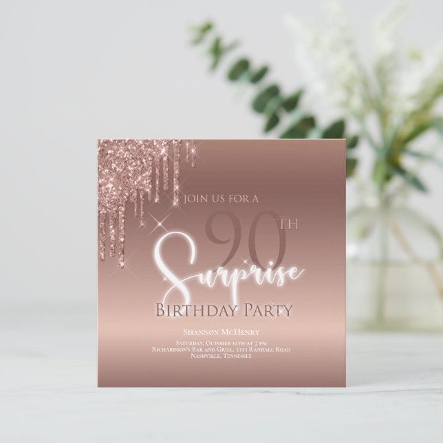 Invitación 90.ª fiesta de cumpleaños rosado de Purpurina sorp (Anverso de pie)