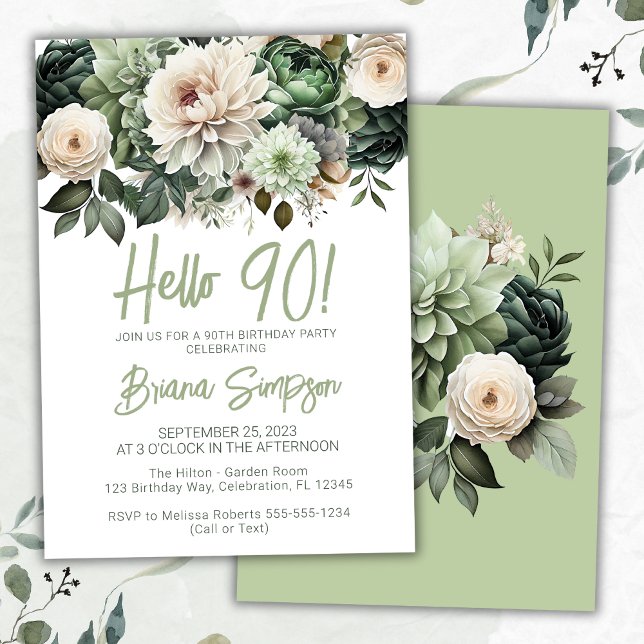 Invitación 90.ª fiesta de cumpleaños Sage Green Floral (Subido por el creador)