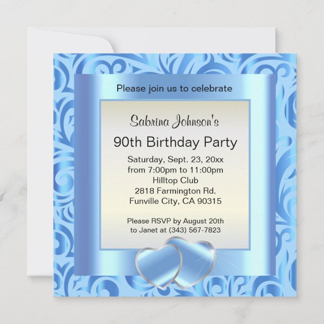 Invitación 90.ª fiesta de cumpleaños | Verder azul, plateado  (Reverso)