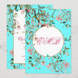 Invitación 90.ª Floral Aqua Blue Elegant Monograma Cumpleaños