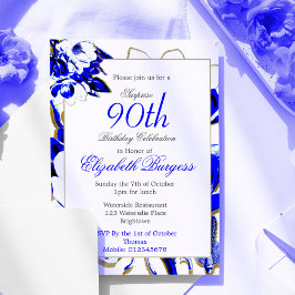 Invitación 90.ª floral azul y primavera blanca elegante cumpl
