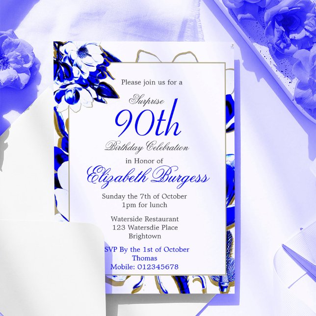 Invitación 90.ª floral azul y primavera blanca elegante cumpl (Subido por el creador)