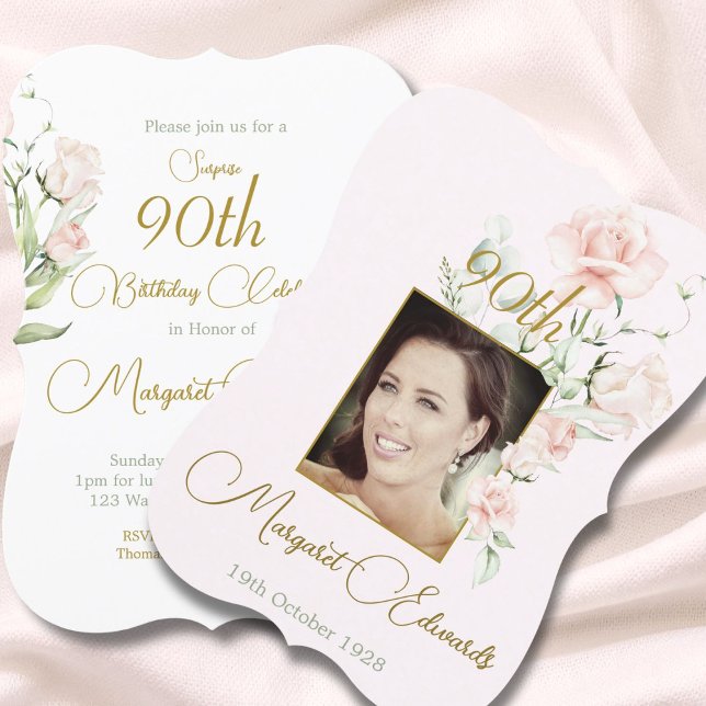 Invitación 90.ª floral Rubor Pink Elegant Photo Birthday (Subido por el creador)