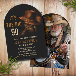 Invitación 90.ª foto de cumpleaños Gorra de Cowboy Rústico Bo