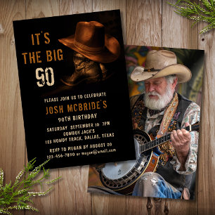 Invitación 90.ª foto de cumpleaños Gorra de Cowboy Rústico Bo
