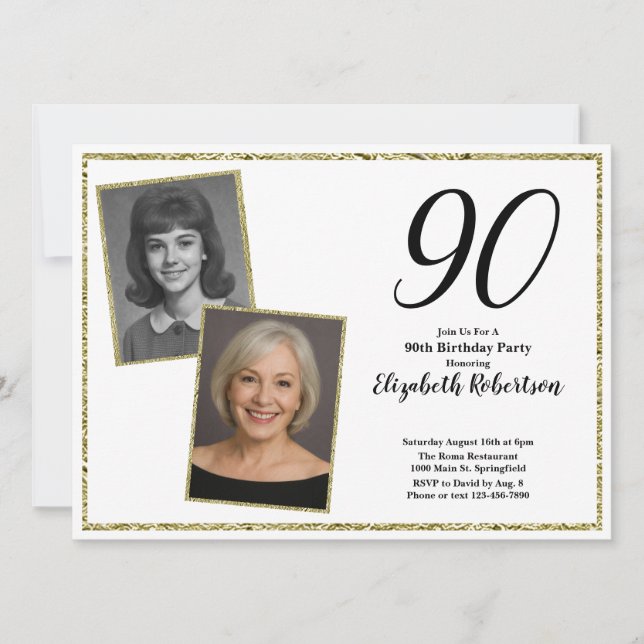 Invitación 90.ª foto Personalizado Blanco y Oro (Anverso)
