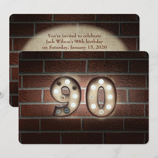 Invitación 90.ª luz de marquesina de cumpleaños en ladrillo (Anverso / Reverso)