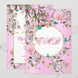 Invitación 90.ª Moda Floral Rosa Elegante Monograma Cumpleaño