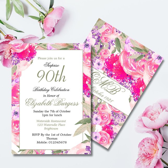 Invitación 90.ª Moda Rosa floral rosada Cumpleaños (Subido por el creador)