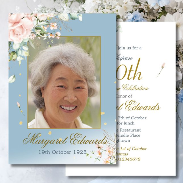 Invitación 90.ª Rosa floral Blue Gold Elegant Photo Birthday (Subido por el creador)