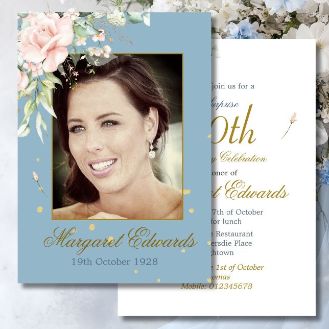 Invitación 90.ª Rosa floral Gold Blue Elegant Photo Birthday (Subido por el creador)