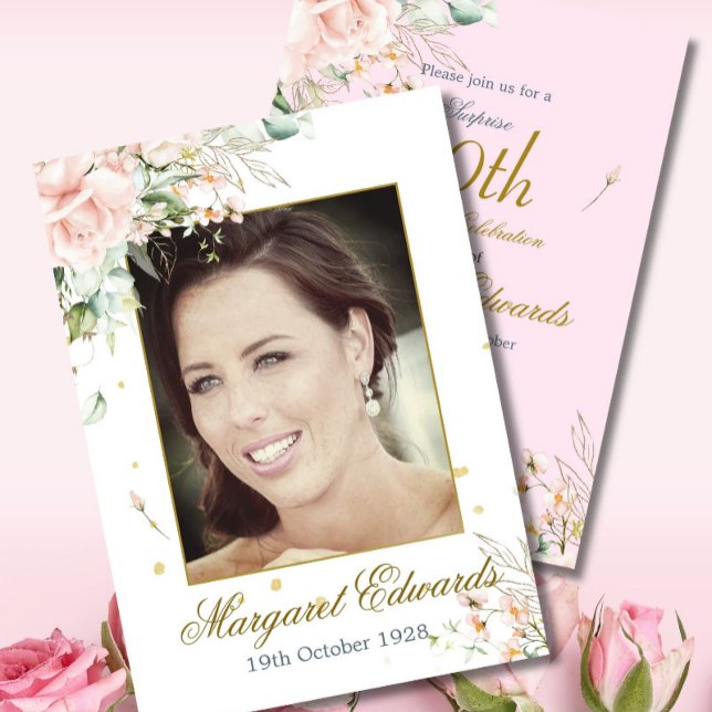 Invitación 90.ª Rosa floral Oro rosado elegante foto cumpleañ (Subido por el creador)