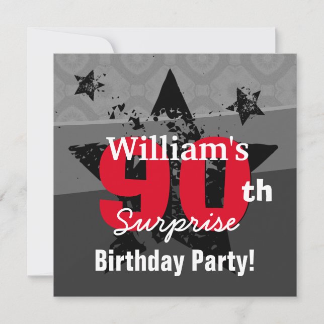 Invitación 90.ª sorpresa Cumpleaños Carbón y Grunge Rojo C90 (Anverso)