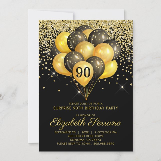Invitación 90.ª Sorpresa Nacimiento Fiesta de Oro Negro Purpu (Anverso)