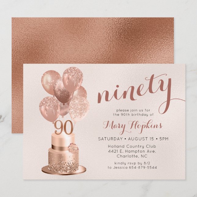 Invitación 90.ª tarta de oro Rosa de cumpleaños (Anverso / Reverso)