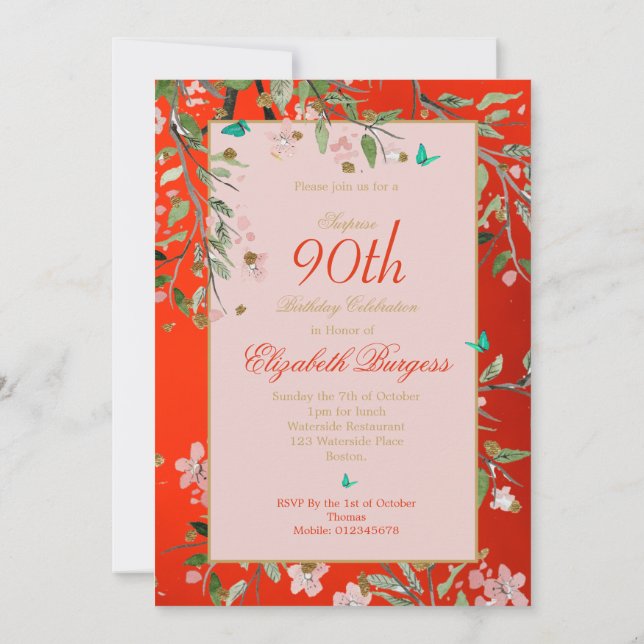 Invitación 90.º Aniversario de Oro Rosa Elegante Rojo Floral (Reverso)