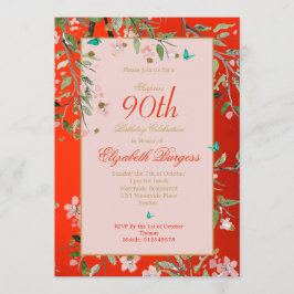 Invitación 90.º Aniversario de Oro Rosa Elegante Rojo Floral