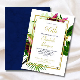 Invitación 90.º Aniversario Moderno De Floral De Oro Azul