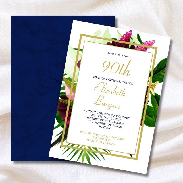 Invitación 90.º Aniversario Moderno De Floral De Oro Azul (Subido por el creador)
