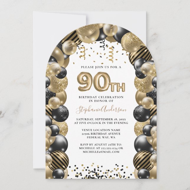 Invitación 90.º Balón de cumpleaños Dorado Black Sparkle (Anverso)