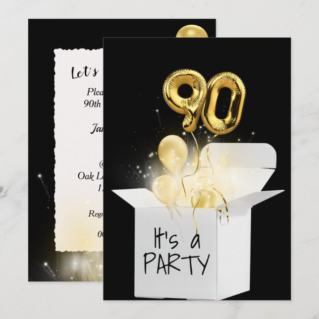 Invitación 90.º Balón De Oro De Cumpleaños En Caja Blanca (Anverso / Reverso)