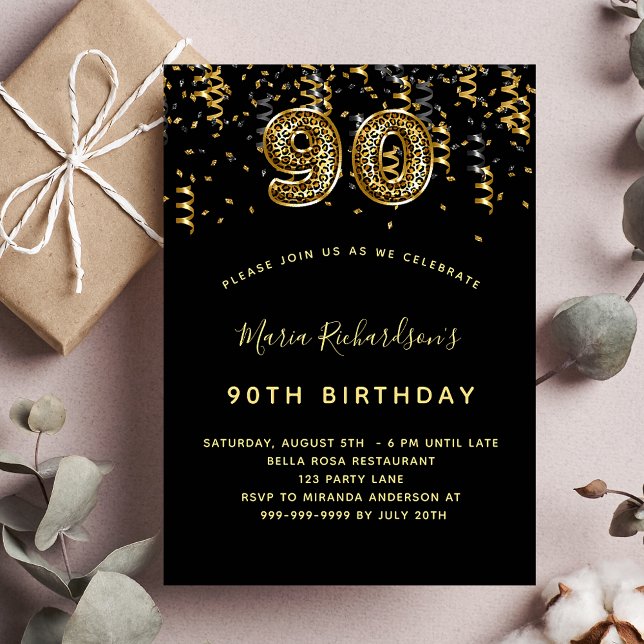 Invitación 90.º confeti de papel de leopardo de oro negro (Subido por el creador)