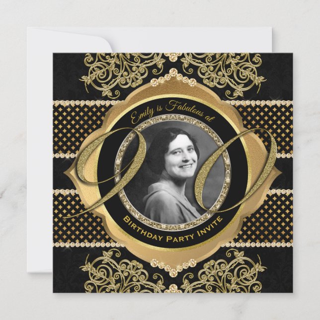 Invitación 90.º cumpleaños 90º marco de foto de diamante dora (Anverso)