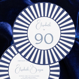 Invitación 90.º Cumpleaños Banda Blanca Azul Ronda Elegante
