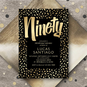 Invitación 90.º cumpleaños Black Gold Confetti
