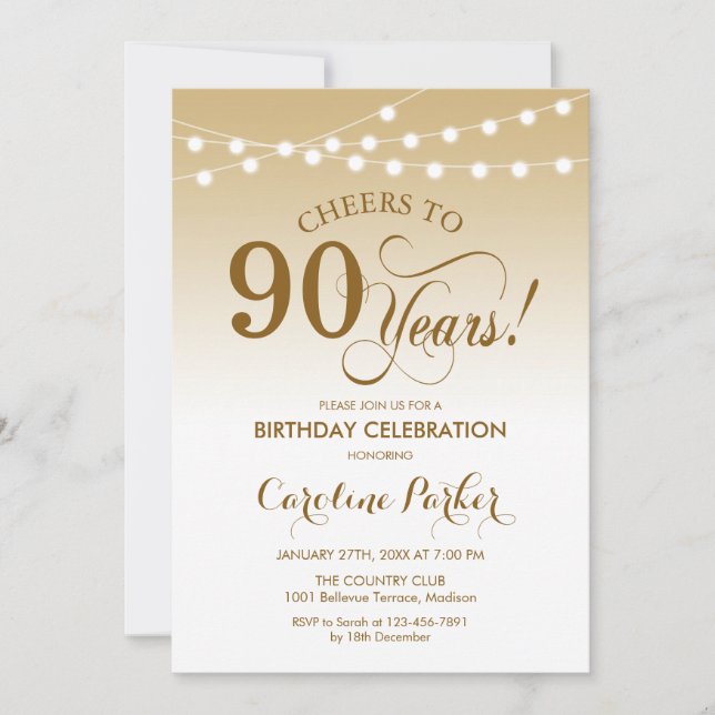Invitación 90.º cumpleaños - Blanco de oro (Anverso)