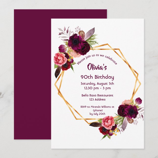 Invitación 90.º cumpleaños borgoña florales oro geométrico (Anverso / Reverso)