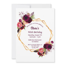 90.º cumpleaños borgoña florales oro geométrico