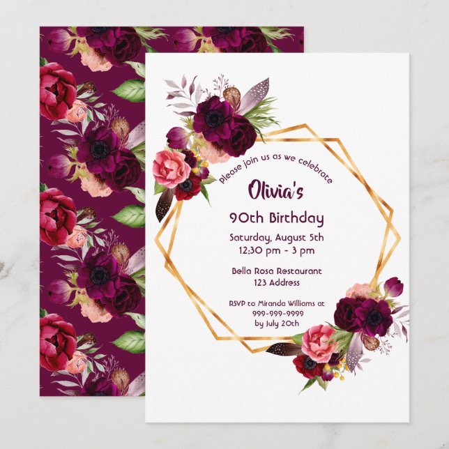 Invitación 90.º cumpleaños borgoña florales oro geométrico (Anverso / Reverso)