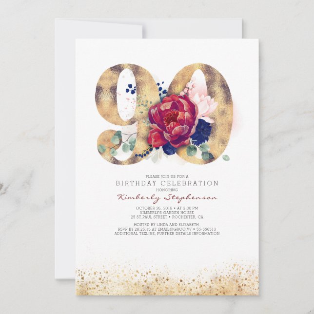 Invitación 90.º cumpleaños Borgoña Rojo y Azul de la Marina (Anverso)