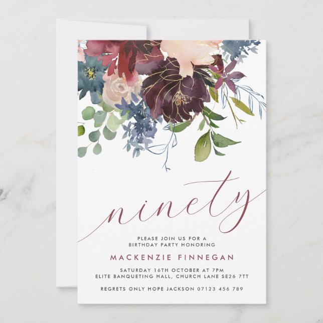 Invitación 90.º cumpleaños Borgoña y Fiesta de escritura flor (Anverso)