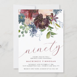 Invitación 90.º cumpleaños Borgoña y Fiesta de escritura flor