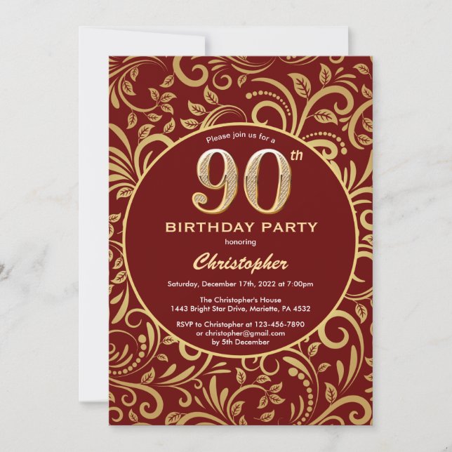Invitación 90.º cumpleaños Burgundy Red y Patrón Floral de Or (Anverso)