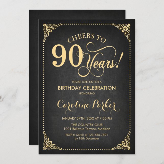 Invitación 90.º cumpleaños - Chalkboard Gold (Anverso / Reverso)