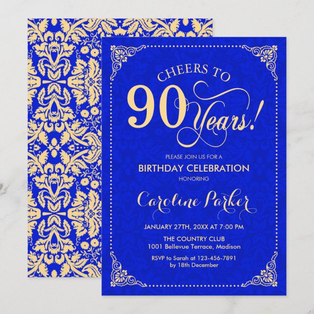 Invitación 90.º cumpleaños - Damasco azul real de oro (Anverso / Reverso)