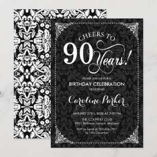 Invitación 90.º cumpleaños - Damasco blanco y negro
