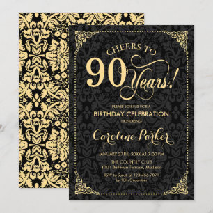 Invitación 90.º cumpleaños - Damasco negro de oro