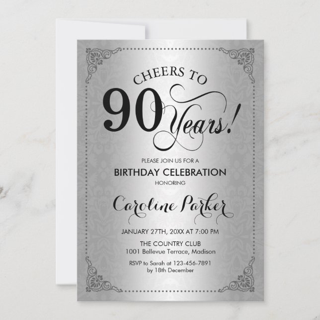 Invitación 90.º cumpleaños - Damasco plateado (Anverso)