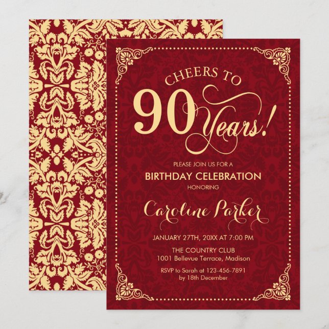 Invitación 90.º cumpleaños - Damasco rojo de oro (Anverso / Reverso)
