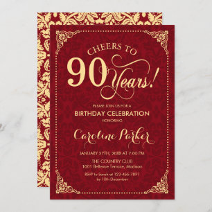 Invitación 90.º cumpleaños - Damasco rojo de oro