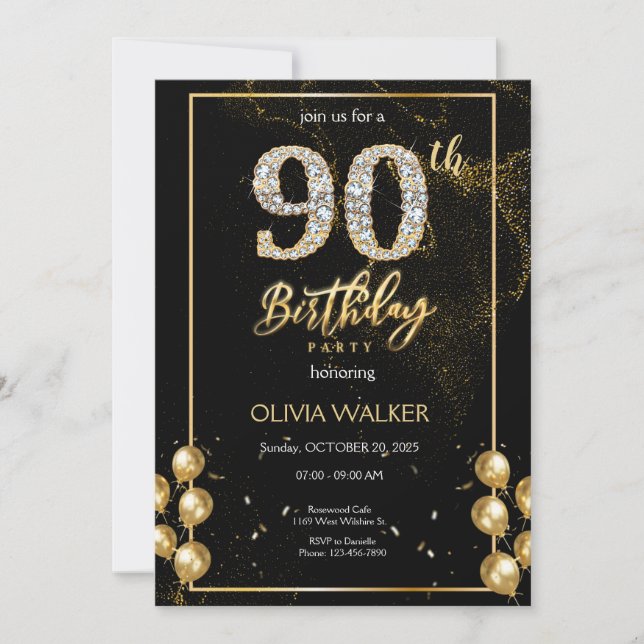 Invitación 90.º cumpleaños de oro y negro de diamantes (Anverso)