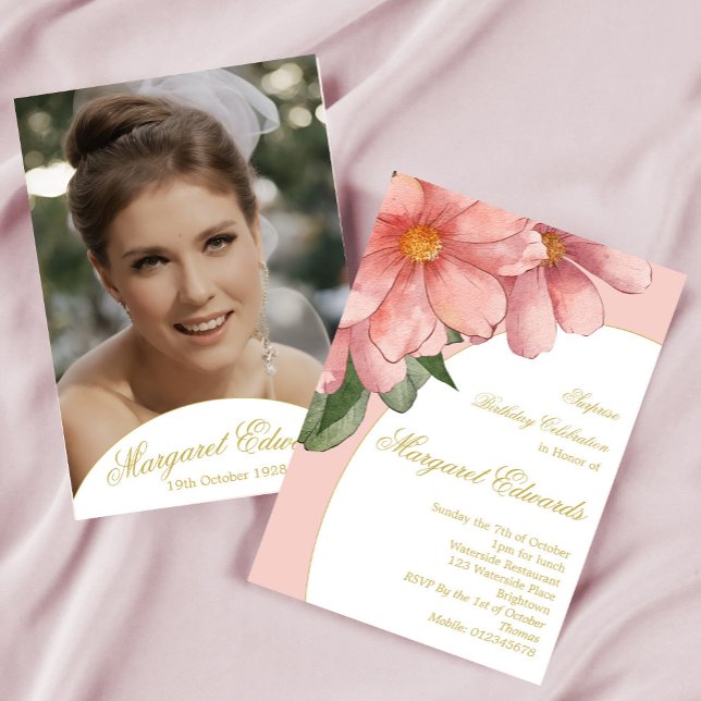 Invitación 90.º cumpleaños de una foto floral elegante de oro (Subido por el creador)