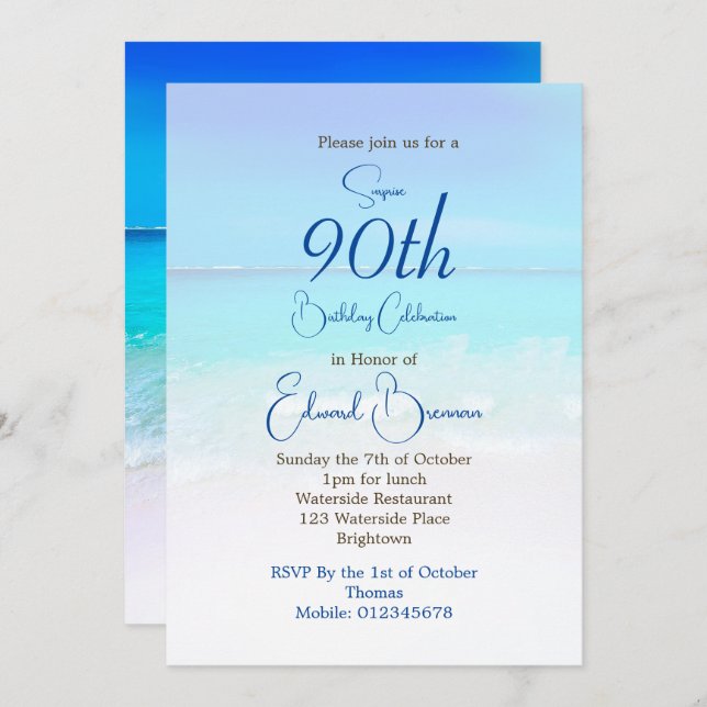 Invitación 90.º cumpleaños Día de destino del Océano Azul (Anverso / Reverso)